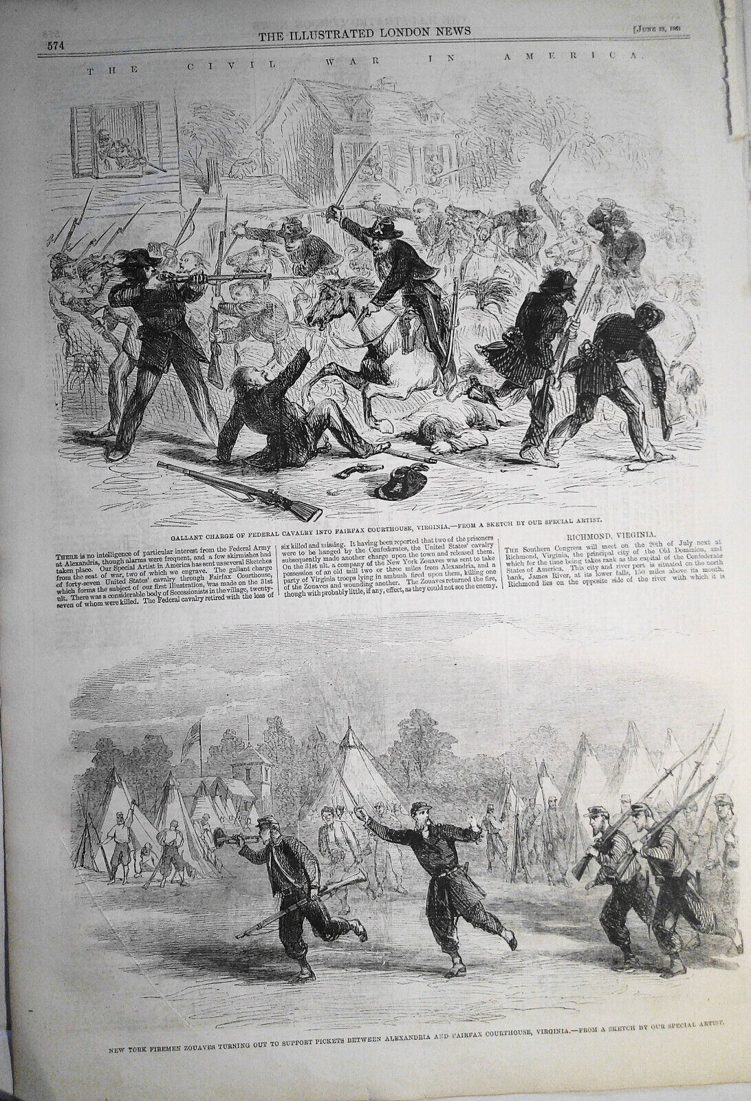 The Civil War in America - 2 prints - The Illustrated London News June 22, 1861