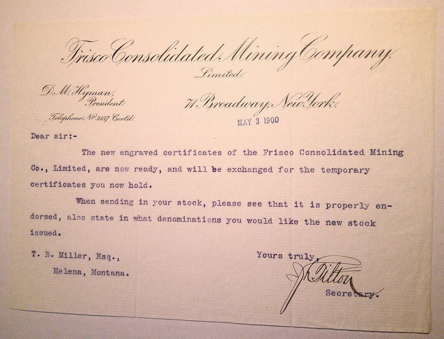1900 Frisco Consolidated Mining Company, New York letter -re. stock certificates