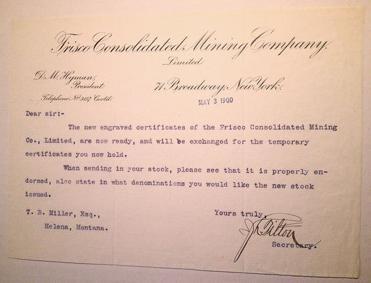 1900 Frisco Consolidated Mining Company, New York letter -re. stock certificates