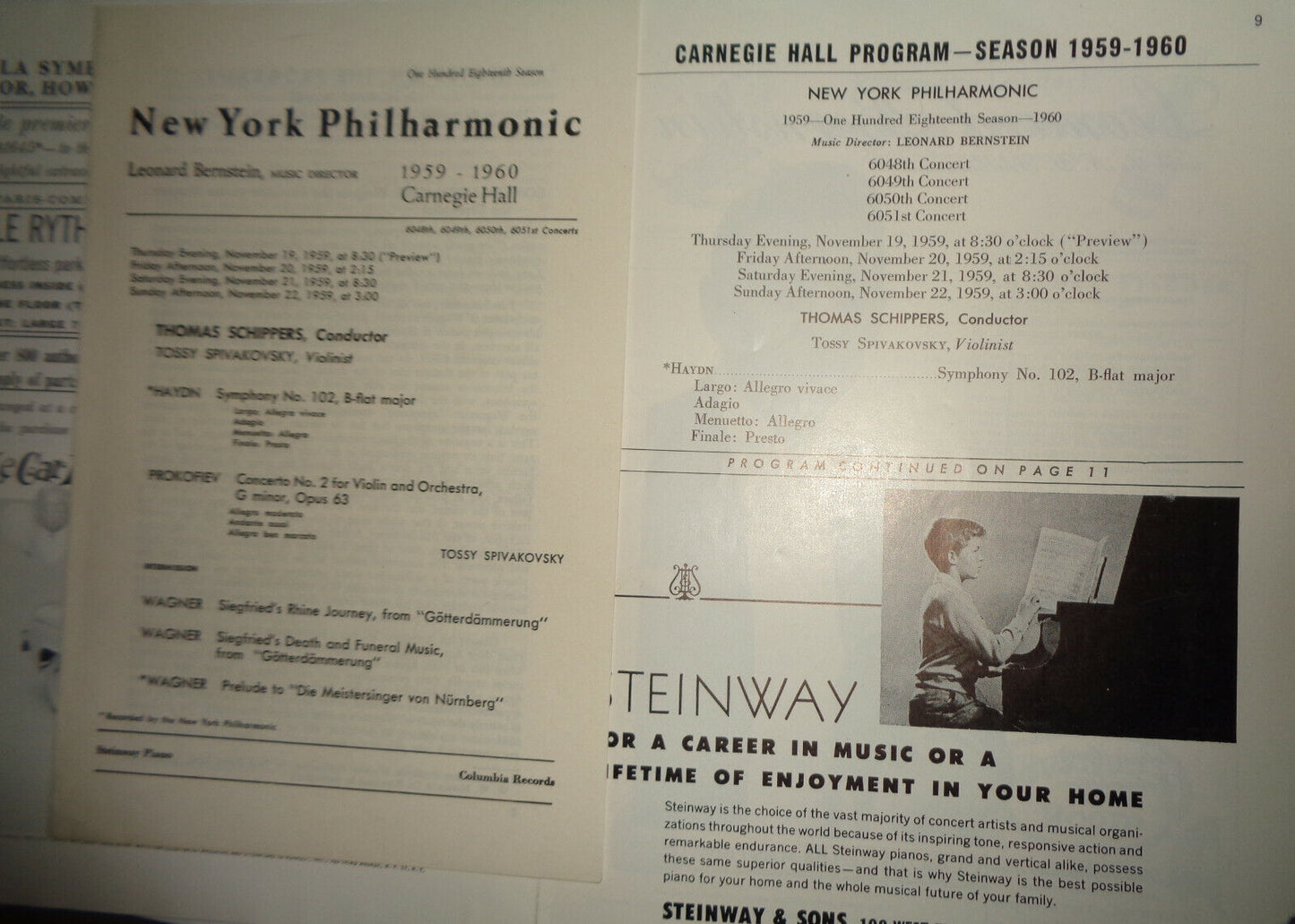 TOSSY SPIVAKOVSKY, VIOLINIST - NEW YORK PHILHARMONIC PROGRAM CARNEGIE HALL,1960