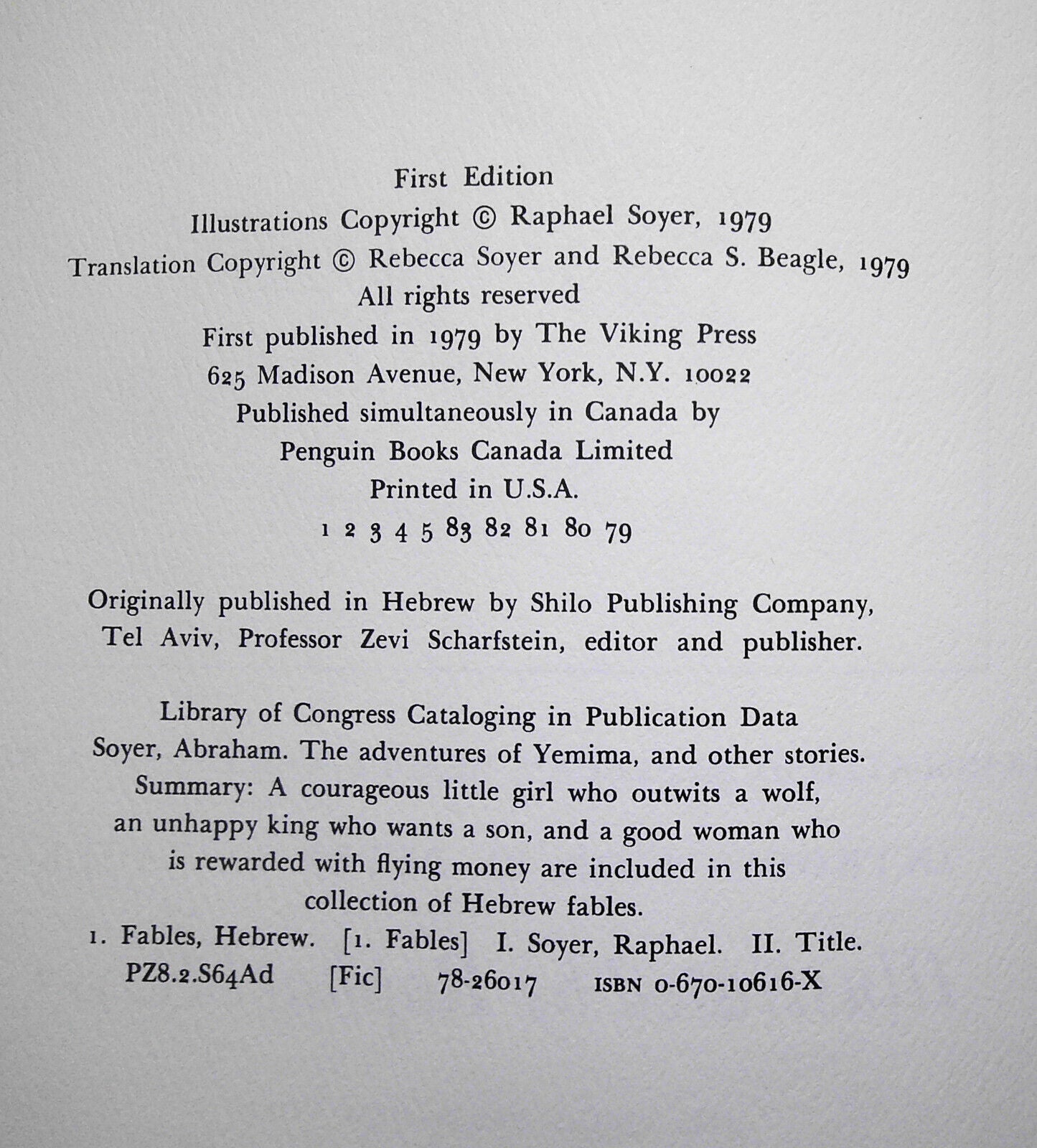 The Adventures of Yemima (and Other Stories) - Signed by Raphael Soyer. 1st 1979