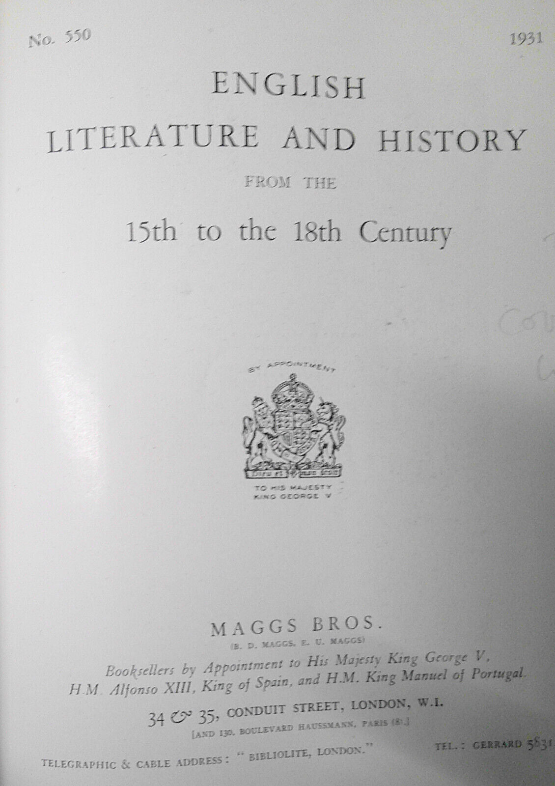 1931 English literature & history from 15th to 18th century. Maggs Bros. No. 550