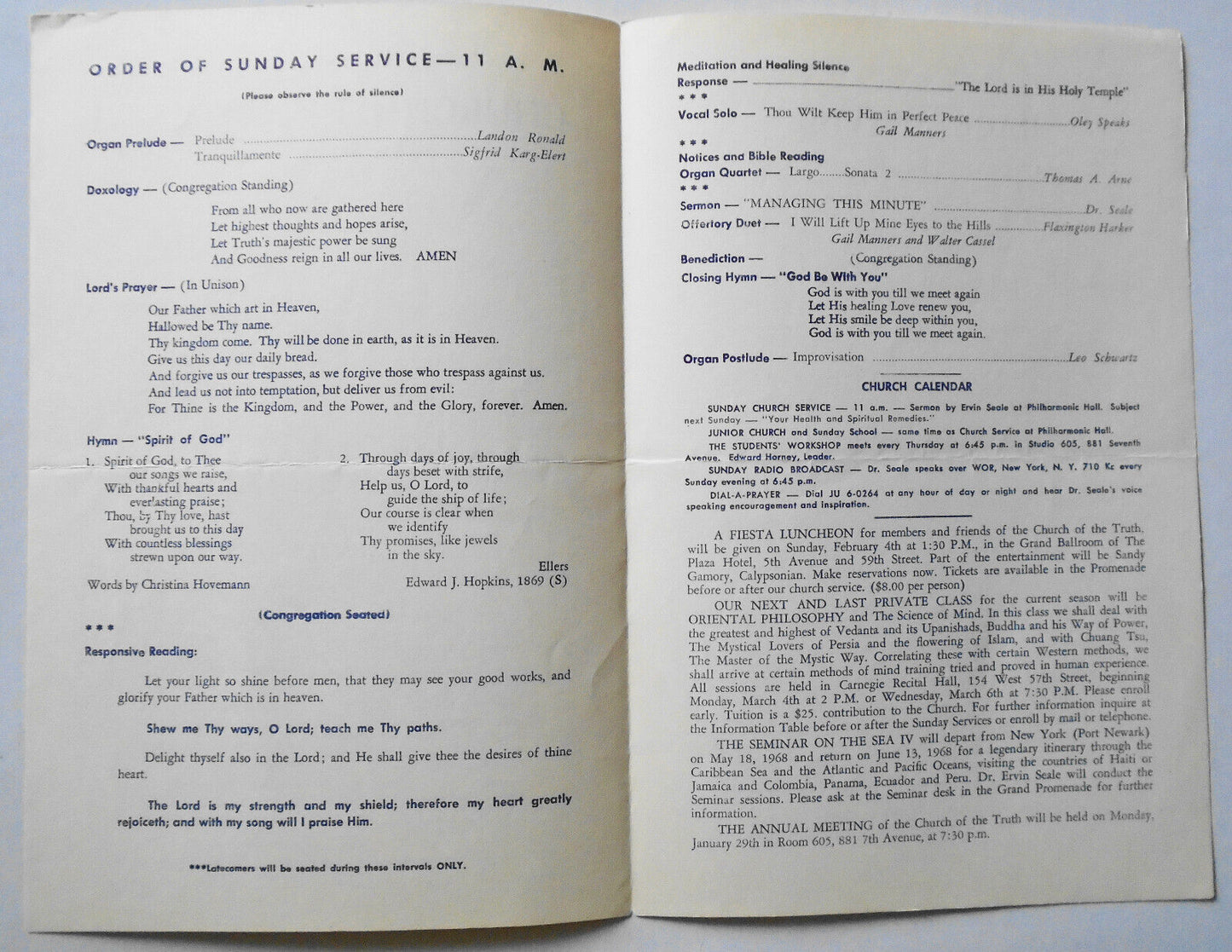 Dr. Ervin Seale - Church Of The Truth -  3 Programs, 1967-68 Lincoln Center, NYC