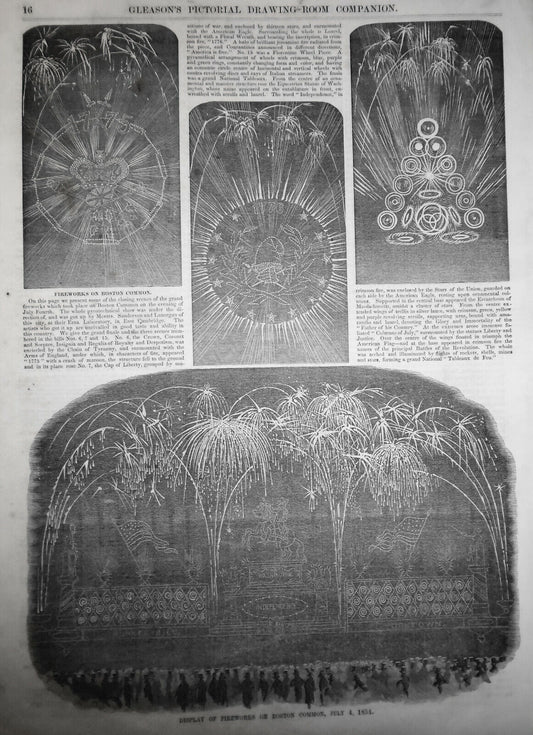 Fireworks on Boston Common July 4 1854 - Story & 4 Prints.  Gleason's Pictorial