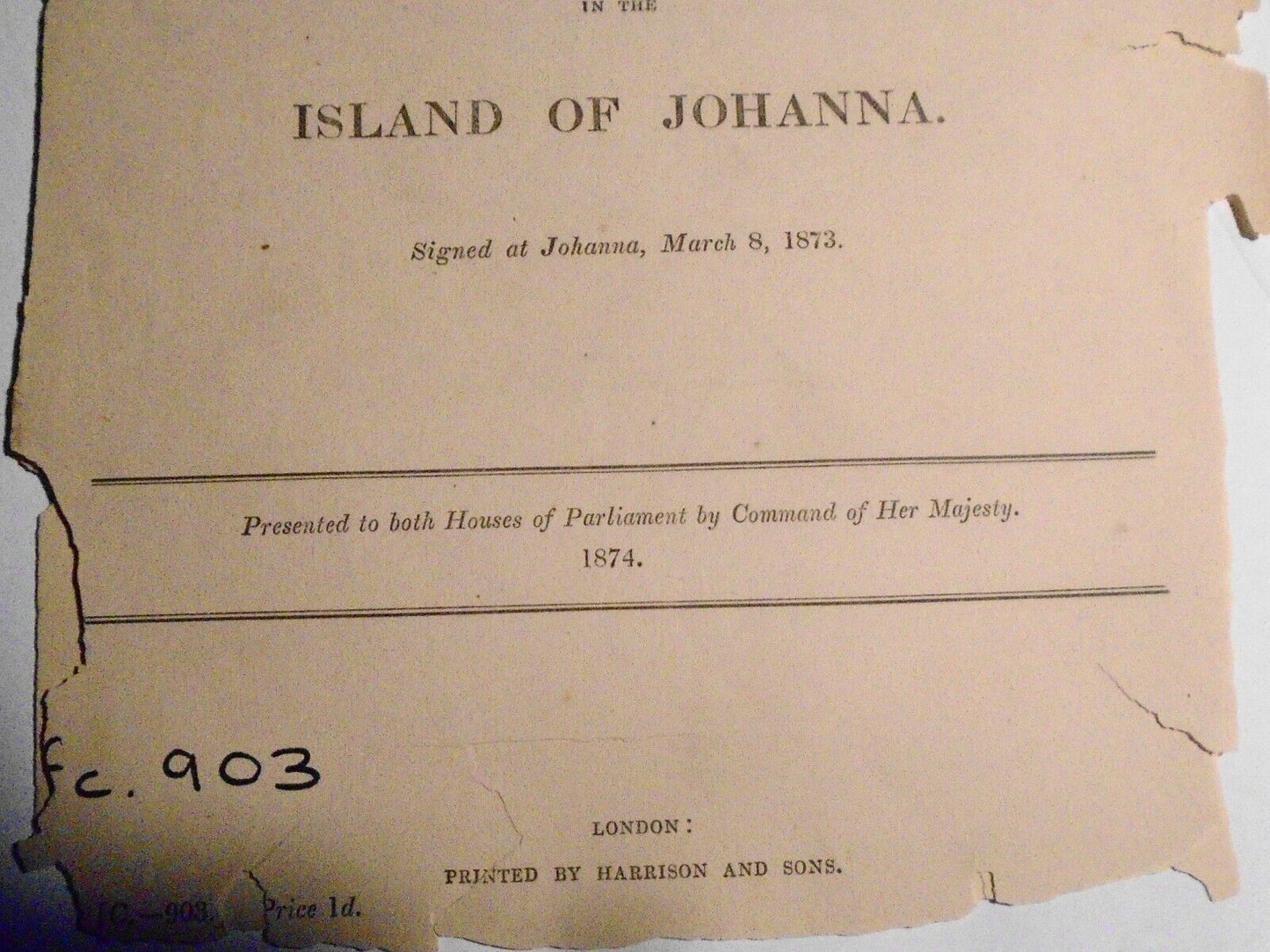 1874 [Slave Trade] Engagement of Sultan of Johanna in protection of  immigrants