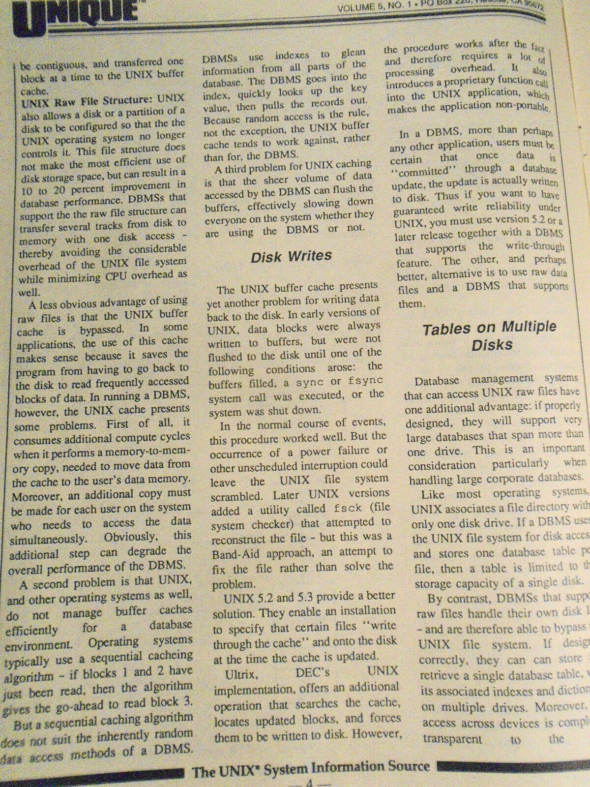 UNIQUE: The UNIX System Information Source  Dec. 1987 - DBMSs Under UNIX, etc.