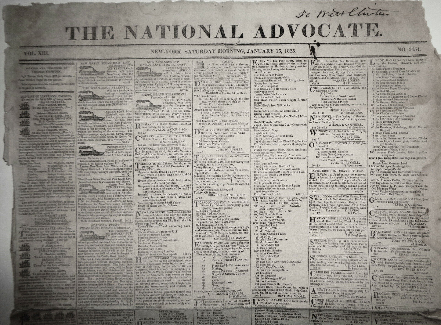 THE NATIONAL ADVOCATE, January 15, 1825 - NY Governor De Witt Clinton's copy