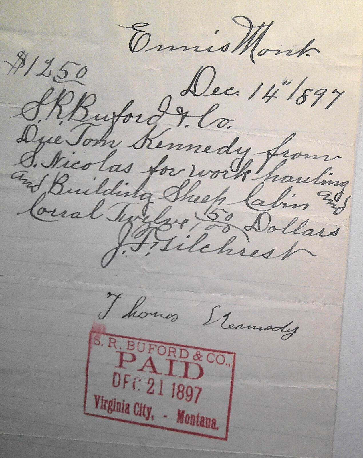 1897 Receipt from S. R. Buford & Co., Virginia City, to Thomas Kennedy for labor