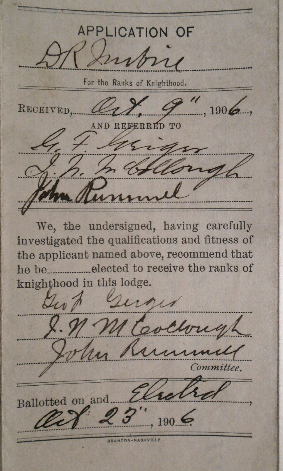 1906 Application for Ranks of Knighthood; Butler Lodge, Knights of Pythias, PA