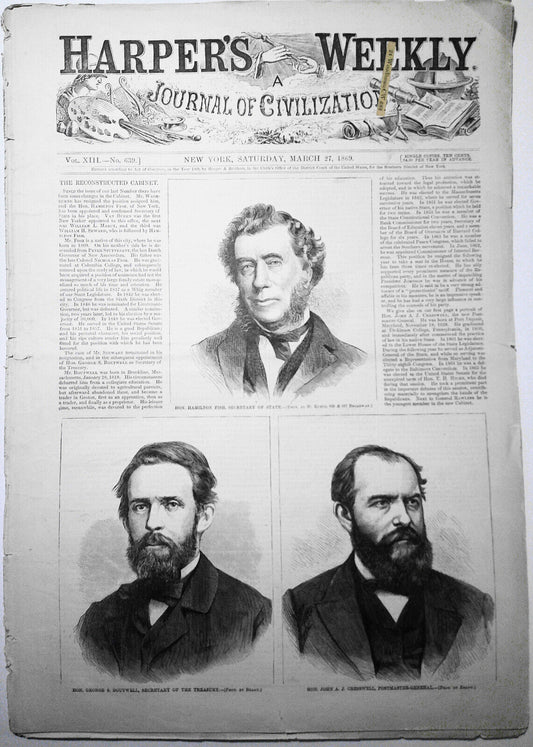 Harper's Weekly March 27, 1869 - Reconstructed cabinet; Arlington Cemetery; etc
