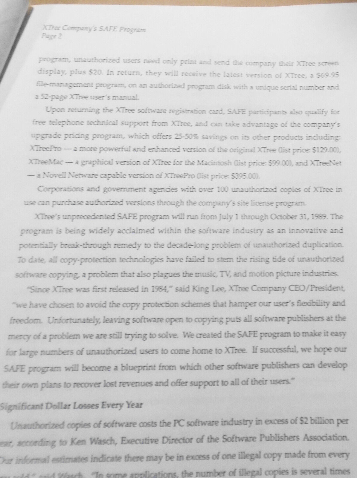 1989 Software Amnesty For Everyone (SAFE). XTree Company program for Bootleggers