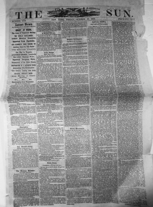 The New York Sun, October 30, 1863 - Civil War news from Tennessee, Virginia etc