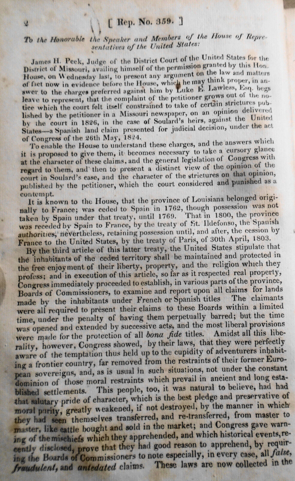 1830 Letter from James H. Peck... explanation in answer to charges [Impeachment]