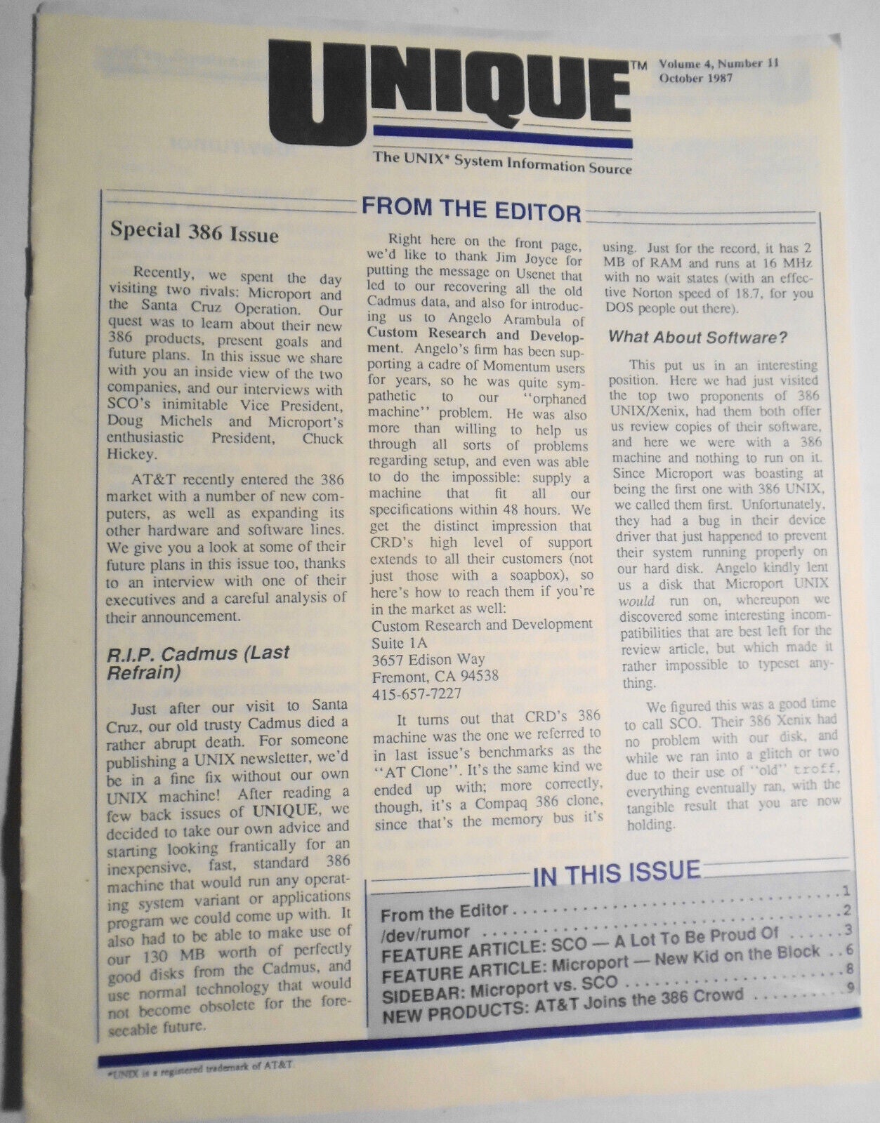 UNIQUE: The UNIX System Information Source,  Vol. 4, No.  11, October 1987