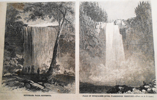 Minnehaha Falls / Falls Of Snoqualmie River - 2 Prints & Stories - 1868 HW