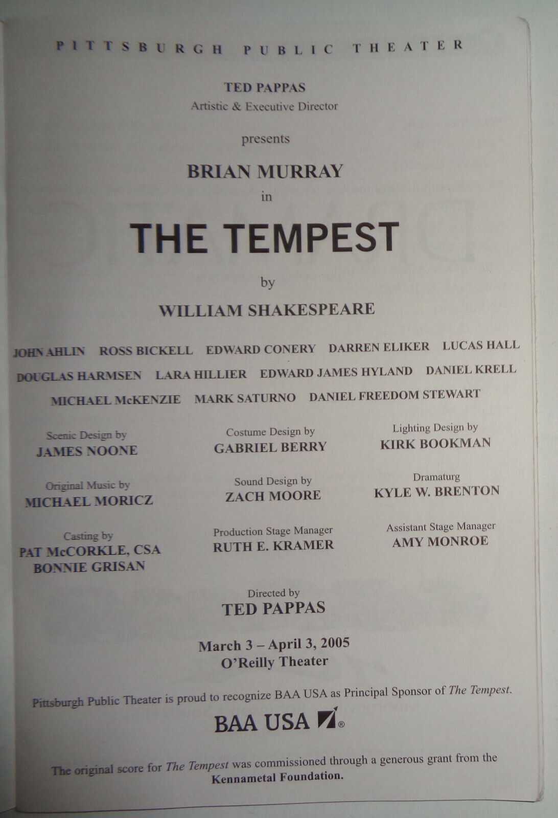 BRIAN MURRAY IN "THE TEMPEST" SOUVENIR PROGRAM PITTSBURGH PUBLIC THEATER, 2005