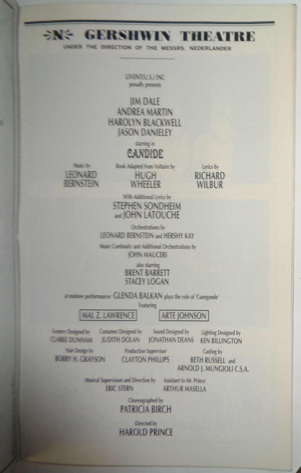 CANDIDE -Sondheim PLAYBILL -JUNE 1997 + insert DR VOLTAIRE'S MARVELLOUS GLOSSARY