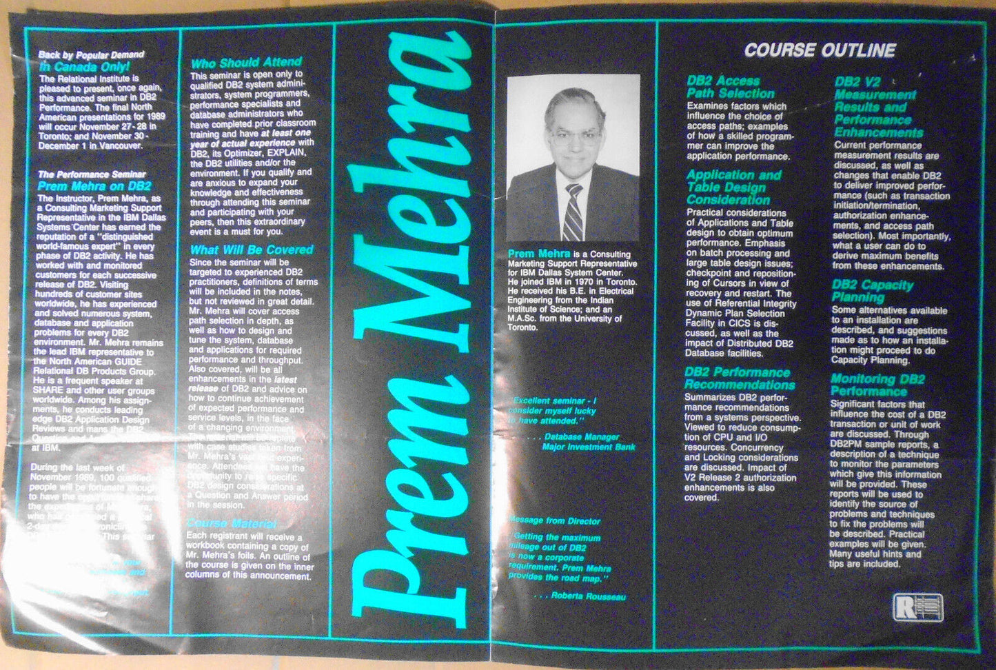 Prem Mehra on [IBM] DB2 : The Performance Seminar - 1989 brochure.
