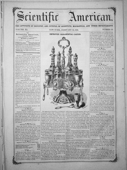 Scientific American, February 16, 1856. Ornamental Caster; Hot Air Engine, etc