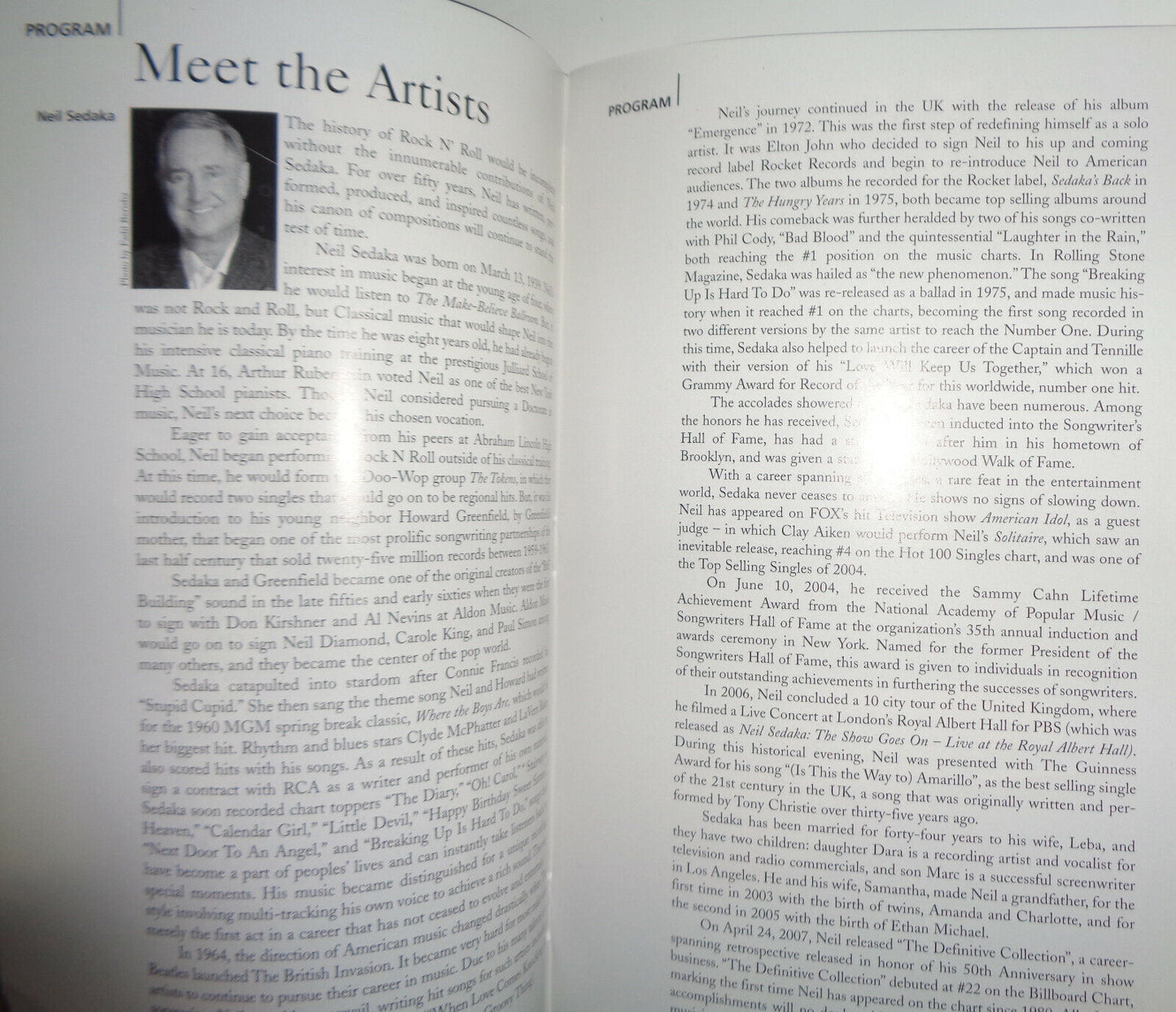 NEIL SEDAKA, 50 YEARS OF HITS - PLAYBILL - OCTOBER 26, 2007 Lincoln Center