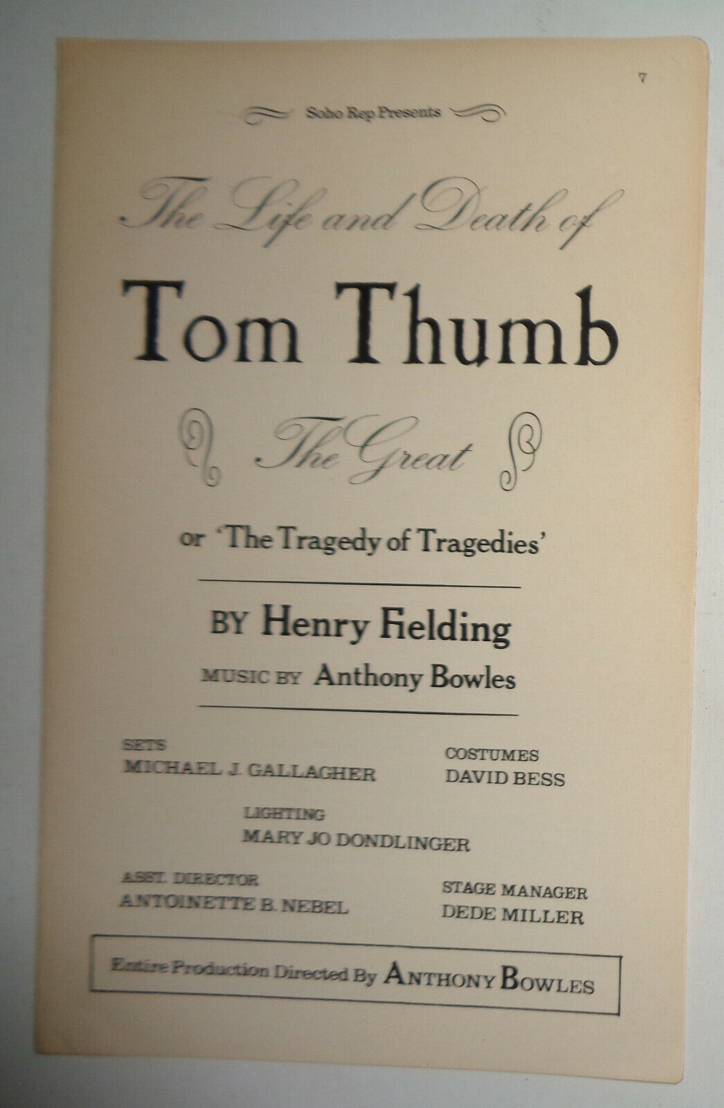 THE LIFE AND DEATH OF TOM THUMB THE GREAT - PROGRAM - SPRING 1980, SOHO REP, NYC