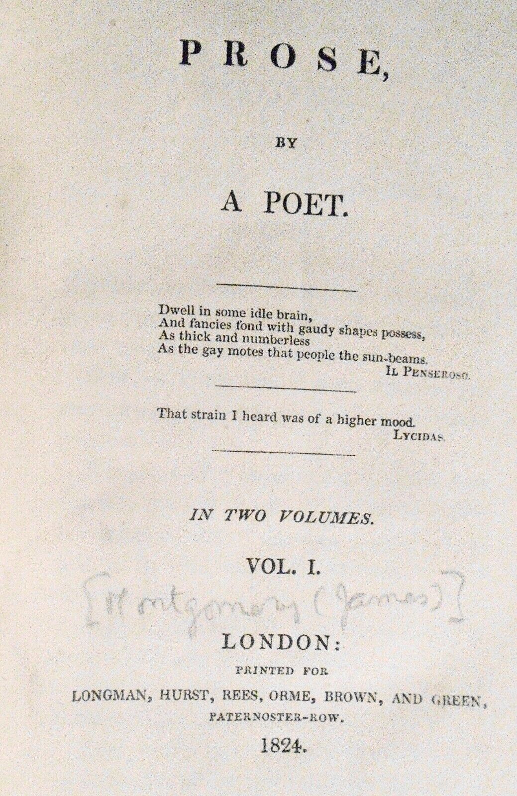 1824 Prose, by a poet - by James Montgomery. 2 Volumes set. 1st & only edition.