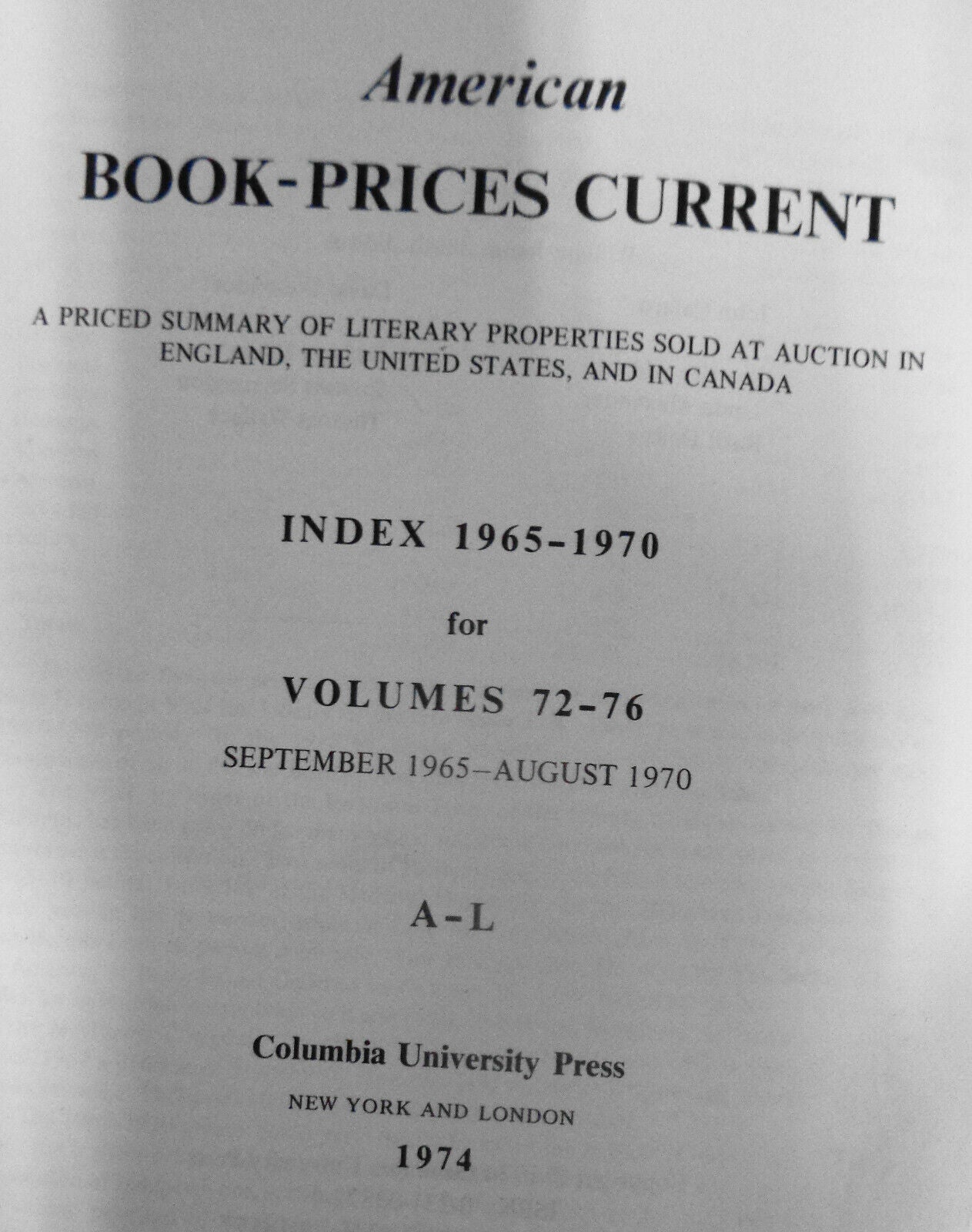 American Book-Prices Current Index 1965-1970 for Volumes 72 - 76