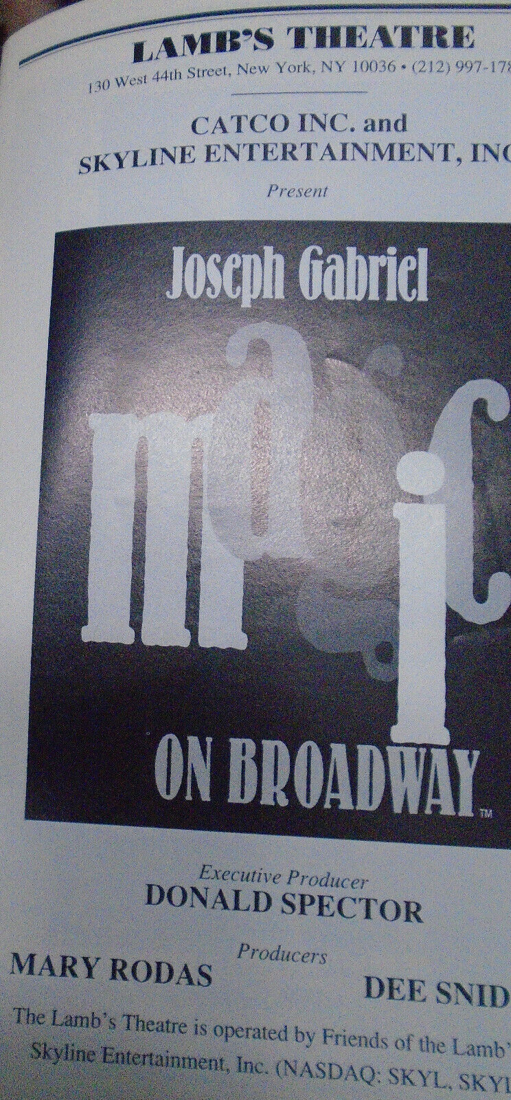 SIGNED Joseph Gabriel, Magic On Broadway - Playbill -  March 1997 - Vol 97, No 3