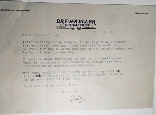 1926 Dr. F. H. Keller, Optometrist. Kalispell  Montana - Letter on Assn. meeting