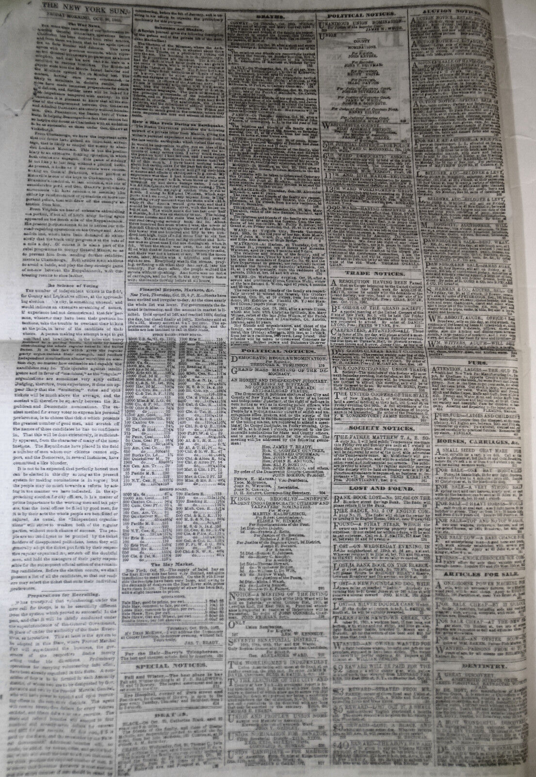 The New York Sun, October 30, 1863 - Civil War news from Tennessee, Virginia etc