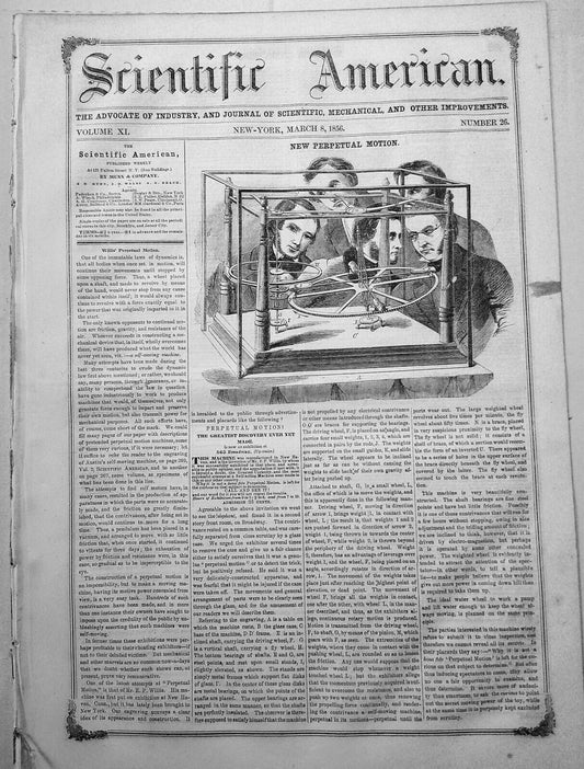 Scientific American, March 8, 1856. Willis' Perpetual Motion Machine; Gold, etc