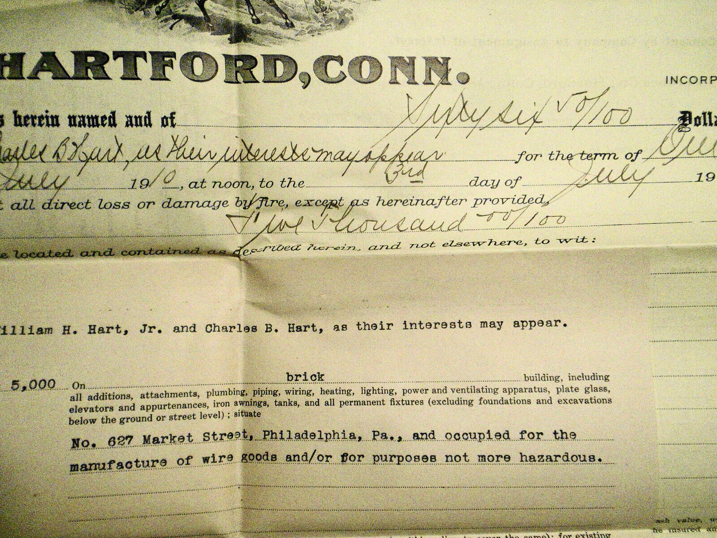 1910 Orient Insurance Co. Hartford Connecticut. Fire Insurance Policy Document