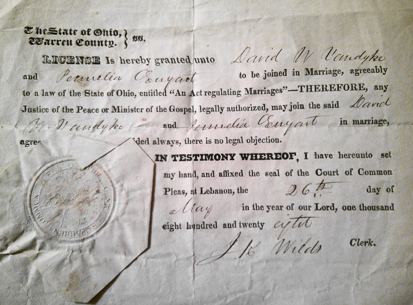 1828 Warren County Ohio original Marriage License, with seal. David W. van Dyke