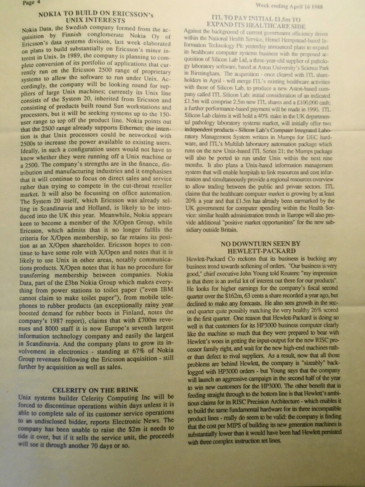 Unigram-X, #175 - April 16, 1988 - London weekly for UNIX manufacturers, et al