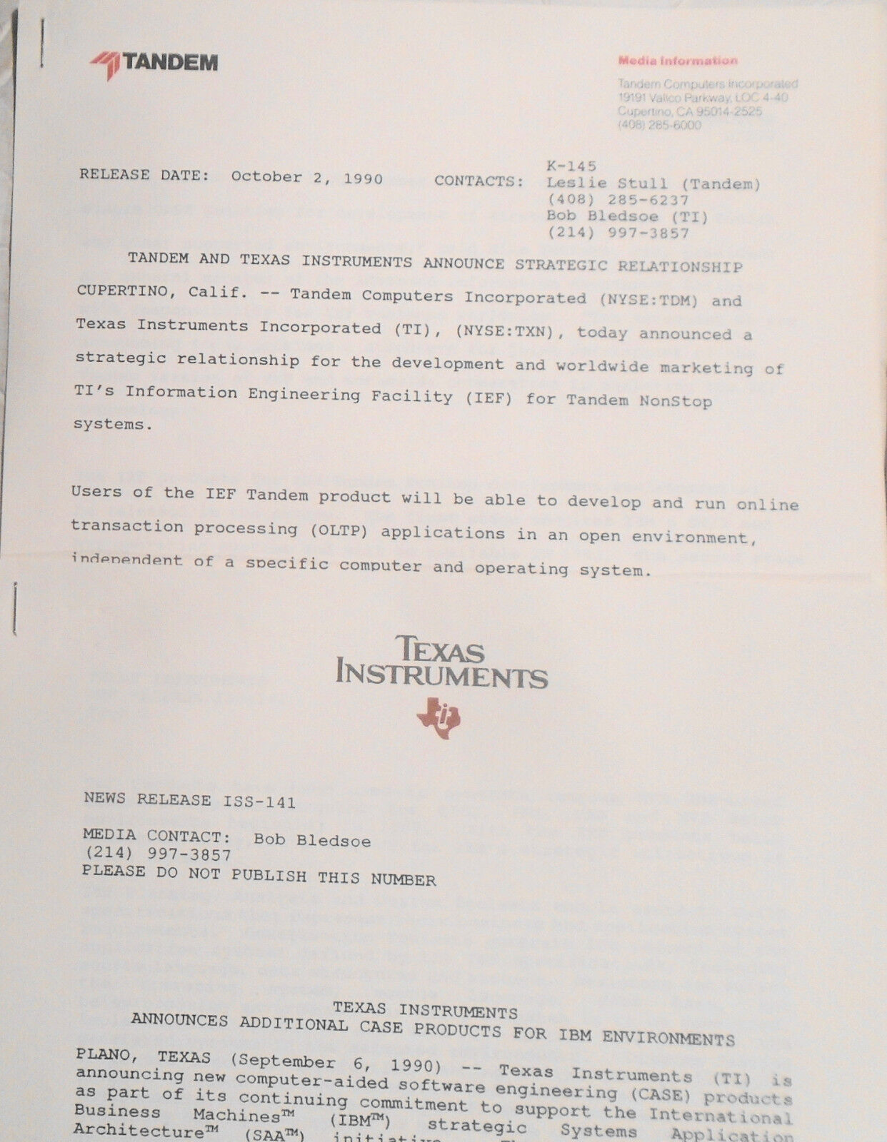 1990 Texas Instruments Information Engineering Facility Promo kit - UNIX, Tandem