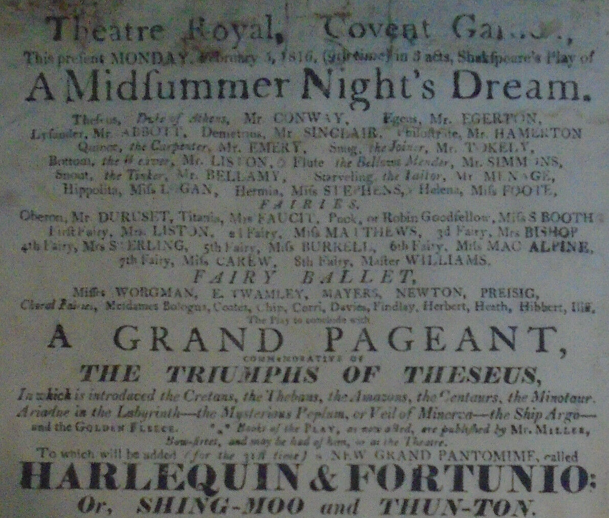 1816 A Midsummer Night's Dream -Shakespeare Playbill Theatre Royal Covent Garden
