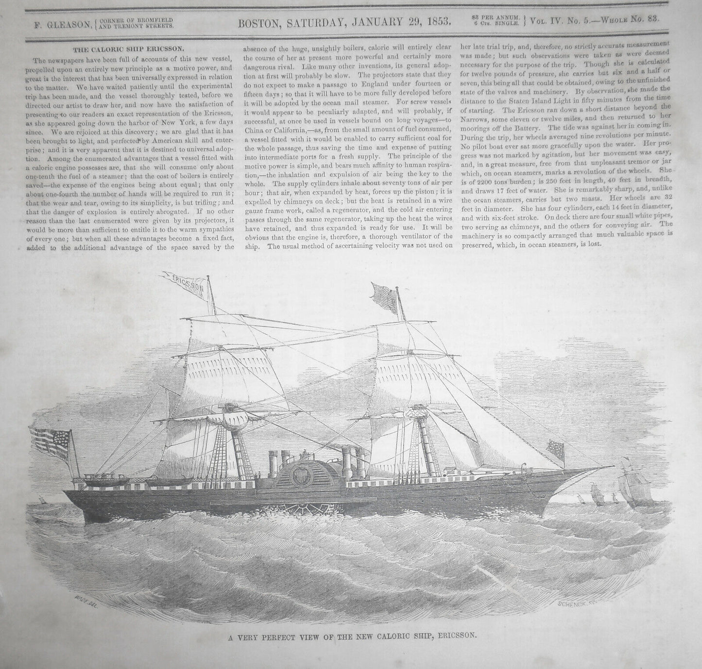 1853 The Caloric Ship Ericsson  - Story & print  - Gleason's Pictorial