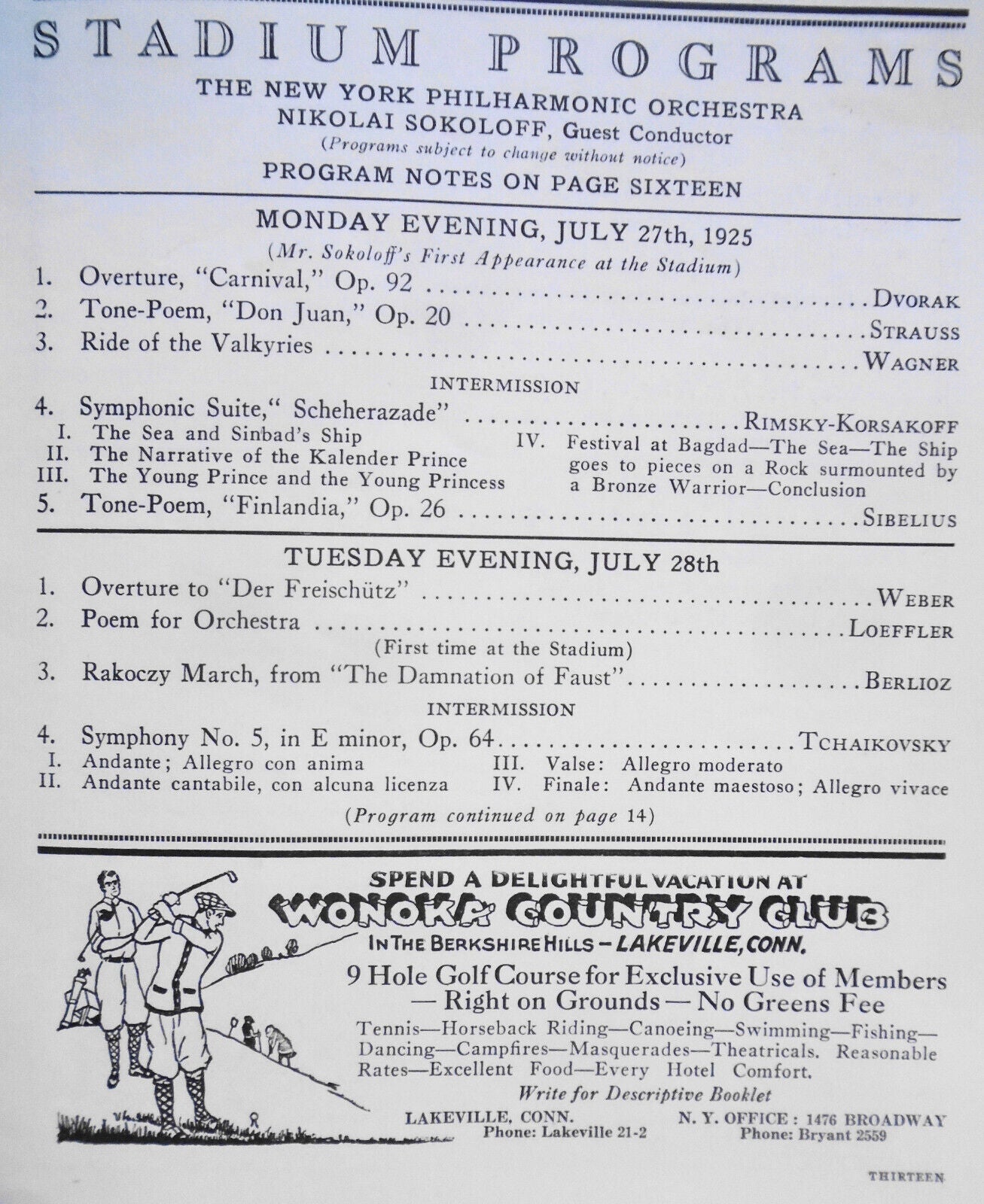 Stadium Concerts - New York Philharmonic, 1925 Program. Nikolai Sokoloff