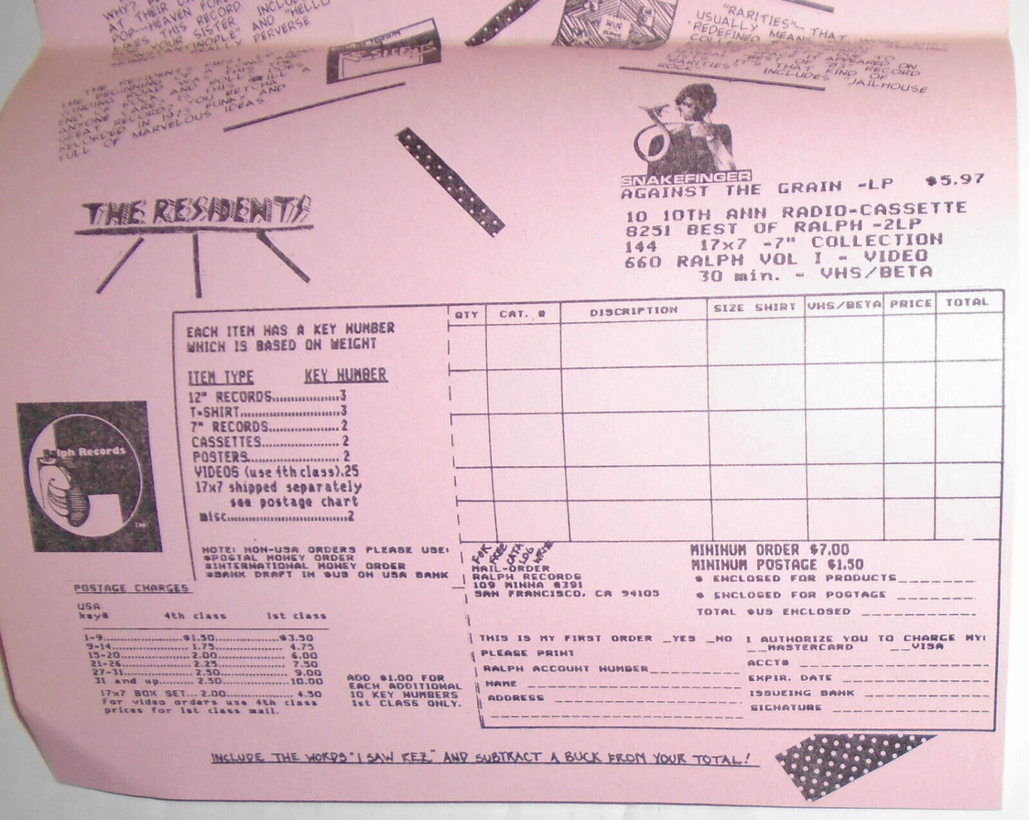 Ralph Records Order Form for The Residents. 1980s.