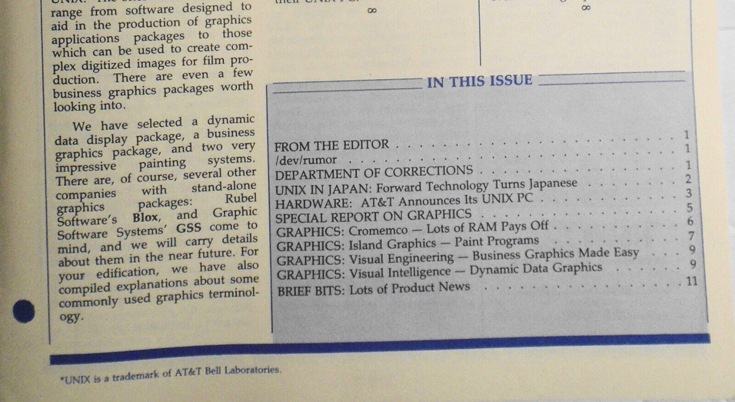 UNIQUE: The UNIX System Information Source,  Oct. 1985 - Graphics; AT&T  UNIX PC