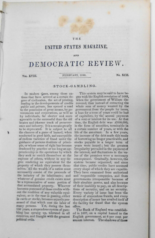 United States Magazine & Democratic Review Feb 1846 - Hawthorne, Stock-Gambling