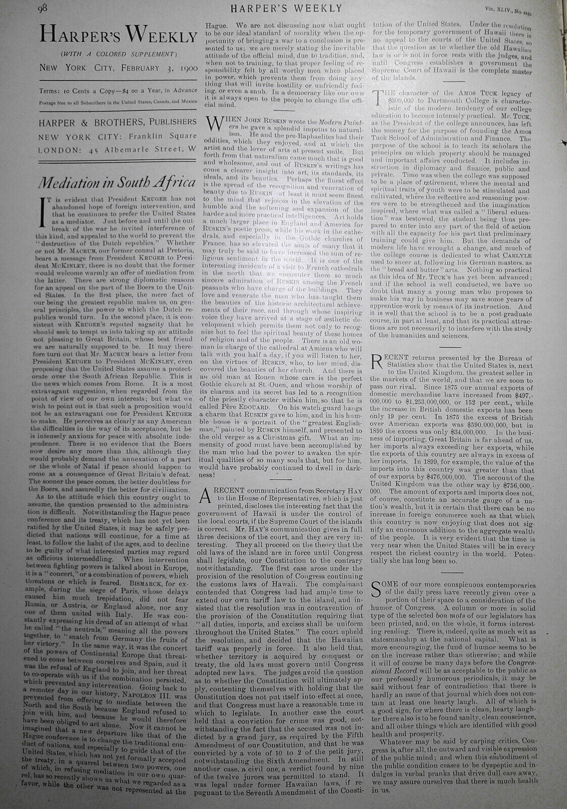 Harper's Weekly, February 3, 1900 - Boer War in South Africa; John Ruskin, etc