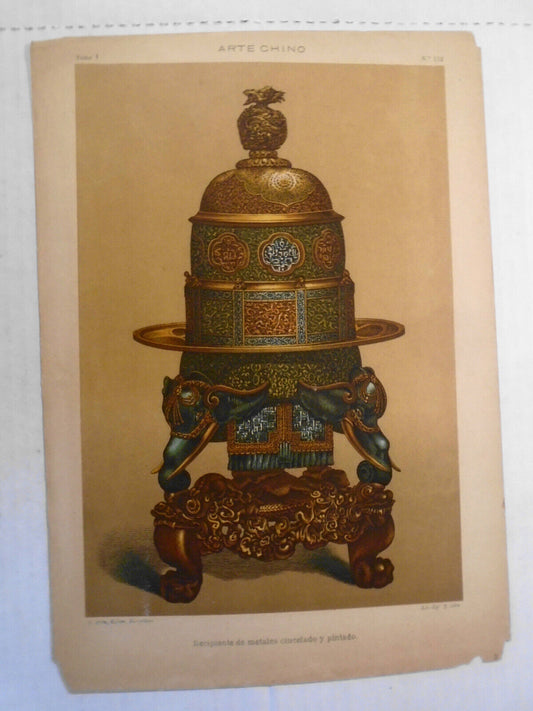 Arte Chino : Recipiente de metales cincelado y pintado - litho ca 1890 byJ Aleu