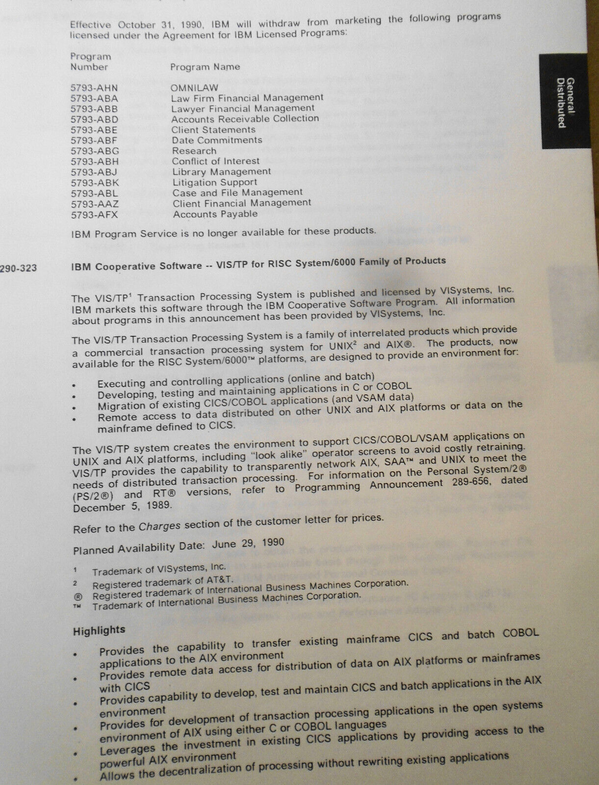 IBM Announcement Letter Summary, June 19, 1990 : System/370; AIX; Token-ring etc