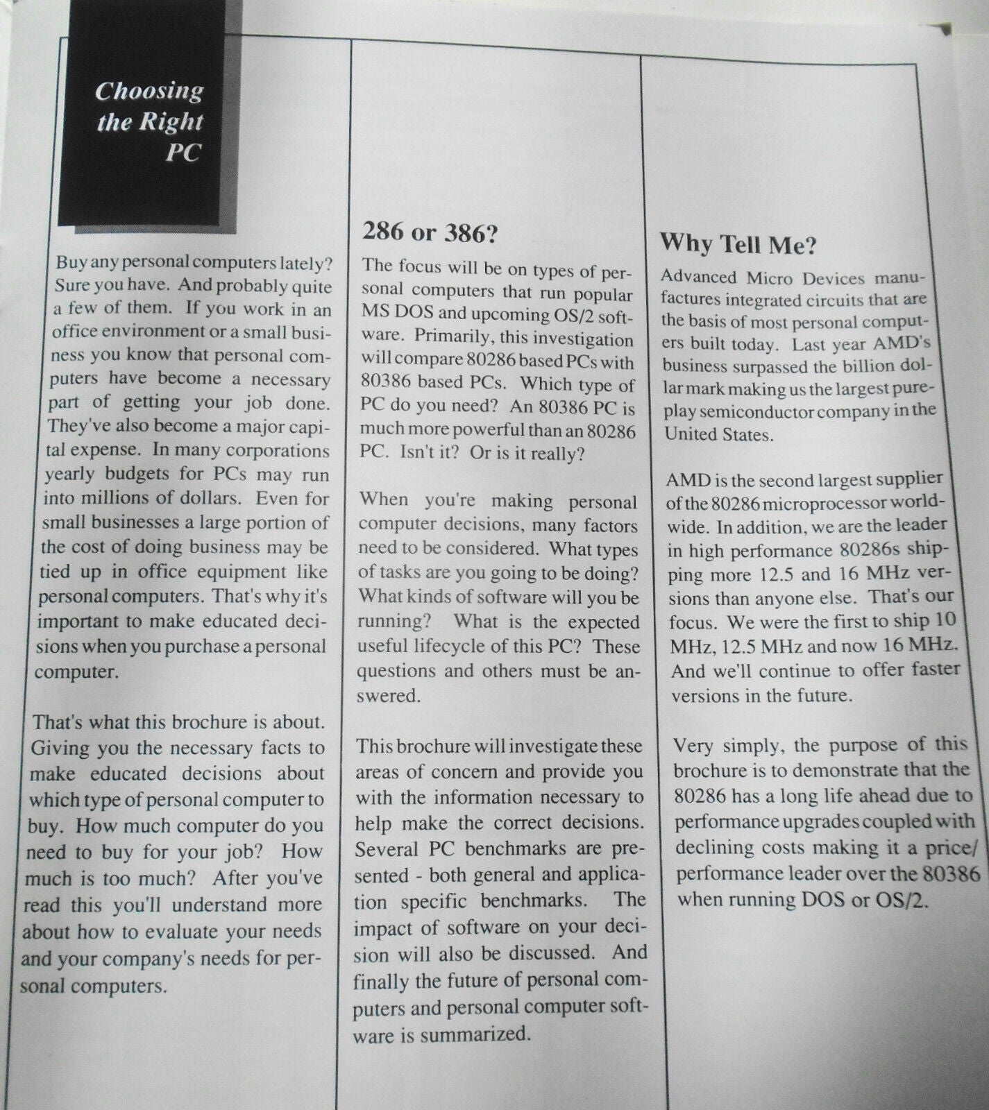 Personal Computer Decisions 1988 brochure by Advanced Micro Devices. 286 vs 386
