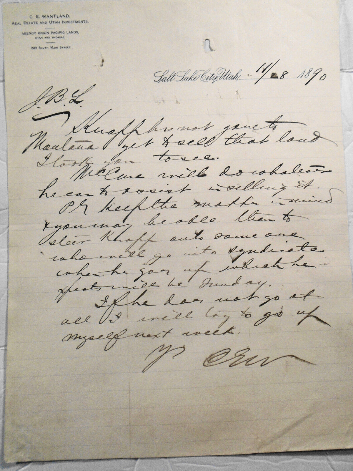 1890 C E Wantland, Real Estate Investments Salt Lake City, Utah. Original letter