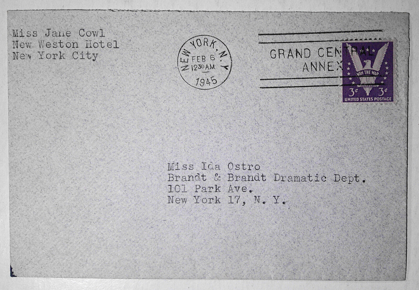 Actress Jane Cowl SIGNED Letter 1945, with envelope & handwritten postscript