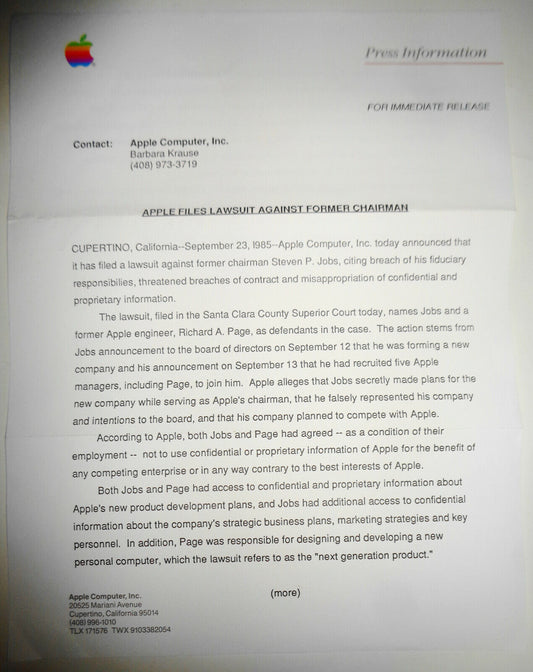 Apple Sues Steve Jobs To Stop Competing Company - Original Press Release 1985