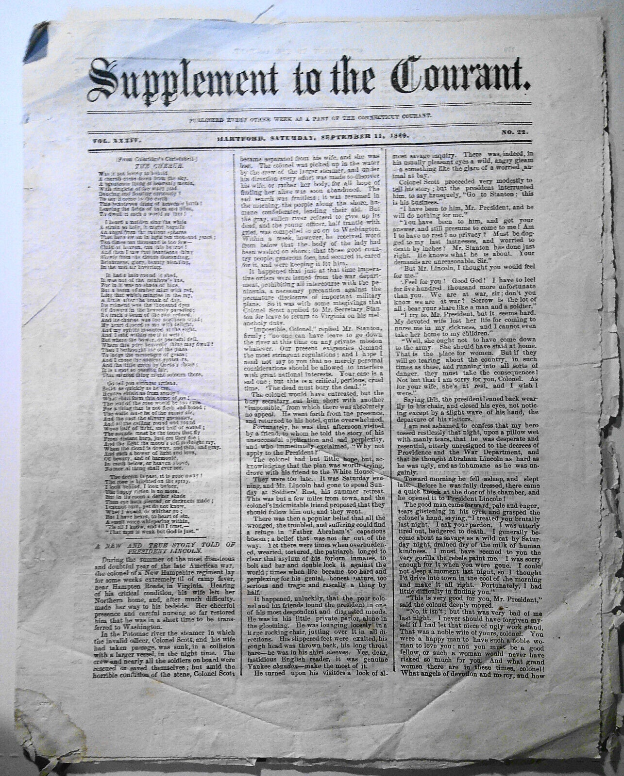 New Lincoln story; Negro on Chinese - Supplement To the Courant, Sept. 11, 1869