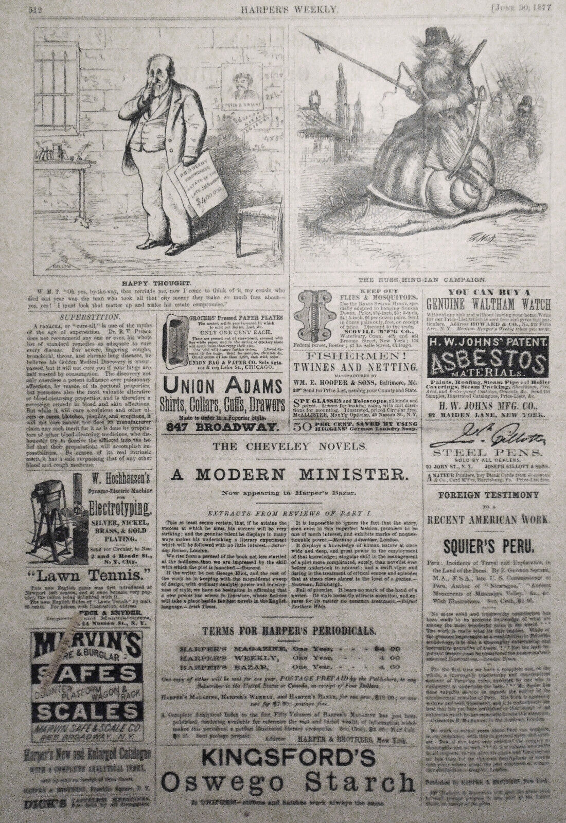 Harper's Weekly - Original Complete Issue June 30, 1877. Russia Turk War, Masons